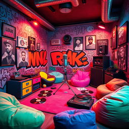 A rapper's room designed in the playful and colorful style of the game IncredyBox, featuring a vibrant graffiti-covered wall, eclectic furniture with quirky designs, a large microphone stand in the center, posters of famous hip-hop artists, a turntable setup with vinyl records scattered around, plush bean bags in bright colors, and a cozy corner with a small recording booth