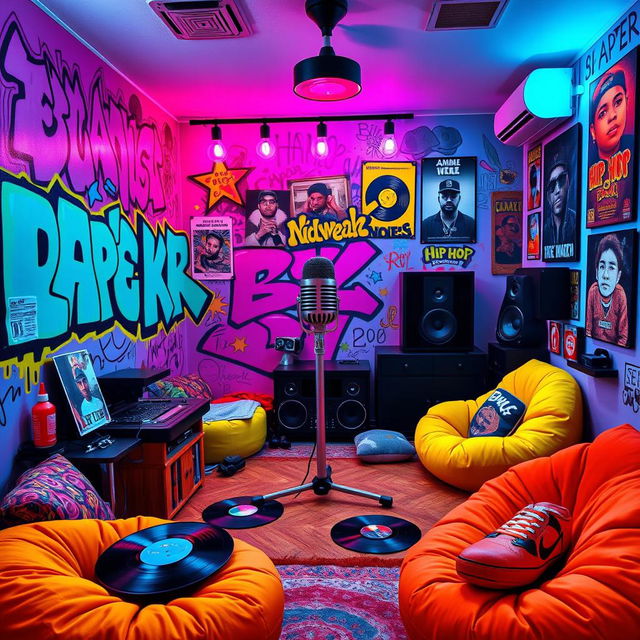 A rapper's room designed in the playful and colorful style of the game IncredyBox, featuring a vibrant graffiti-covered wall, eclectic furniture with quirky designs, a large microphone stand in the center, posters of famous hip-hop artists, a turntable setup with vinyl records scattered around, plush bean bags in bright colors, and a cozy corner with a small recording booth