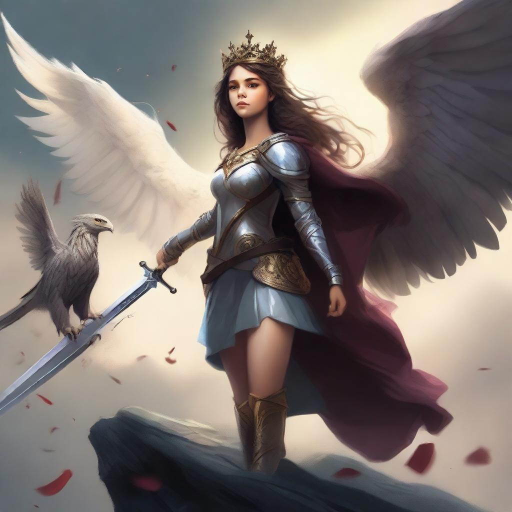 An exquisite digital art image of a girl, clutching a broken crown in one hand and a sword in the other