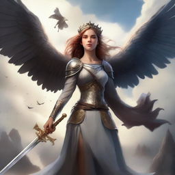 An exquisite digital art image of a girl, clutching a broken crown in one hand and a sword in the other
