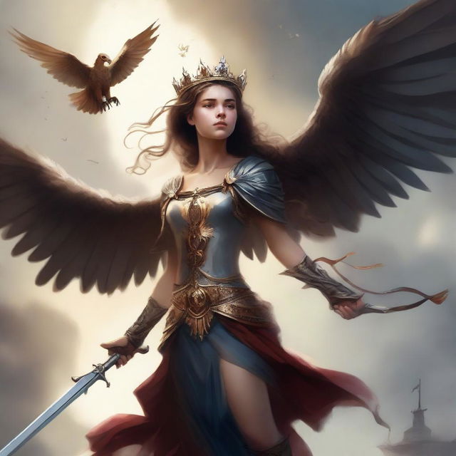 An exquisite digital art image of a girl, clutching a broken crown in one hand and a sword in the other