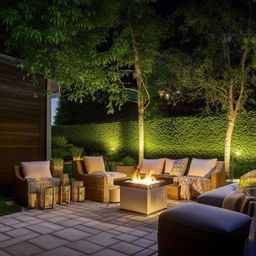 A well-designed outdoor space complete with lush greenery, elegant outdoor furniture, cozy fire pit area and ambient lighting