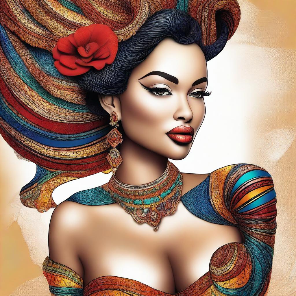 A digital art image displaying an attractive woman with pronounced features such as full lips and a curvaceous figure