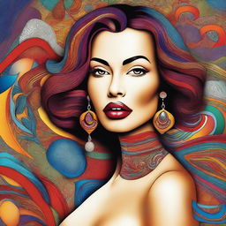 A digital art image displaying an attractive woman with pronounced features such as full lips and a curvaceous figure