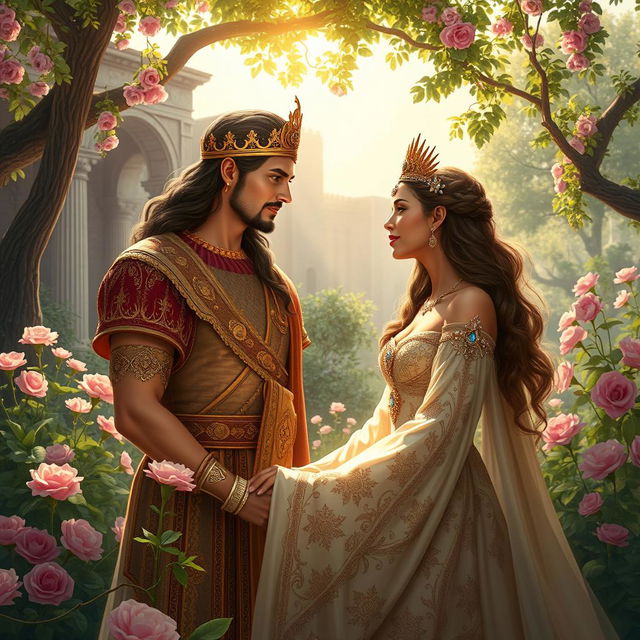 A romantic scene depicting Nimrod and Semiramis, filled with passion and elegance