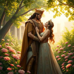 A romantic scene depicting Nimrod and Semiramis, filled with passion and elegance