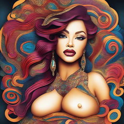 A digital art image displaying an attractive woman with pronounced features such as full lips and a curvaceous figure