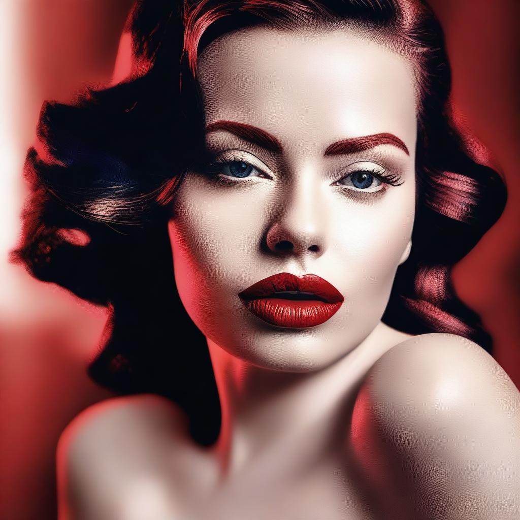 A high-quality digital art image featuring a seductive woman with full lips coated in ruby red lipstick and a voluptuous figure