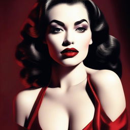 A high-quality digital art image featuring a seductive woman with full lips coated in ruby red lipstick and a voluptuous figure