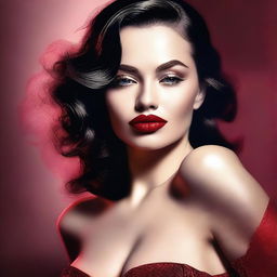 A high-quality digital art image featuring a seductive woman with full lips coated in ruby red lipstick and a voluptuous figure