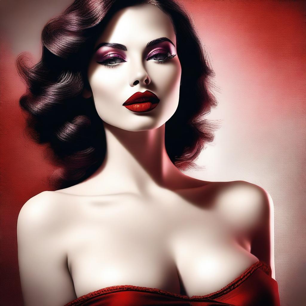 A high-quality digital art image featuring a seductive woman with full lips coated in ruby red lipstick and a voluptuous figure