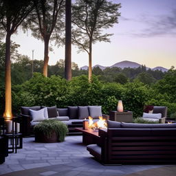 A well-designed outdoor space complete with lush greenery, elegant outdoor furniture, cozy fire pit area and ambient lighting