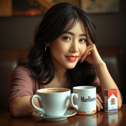 A beautiful Korean woman posing gracefully and attractively, facing the camera with a gentle smile while holding a cigarette