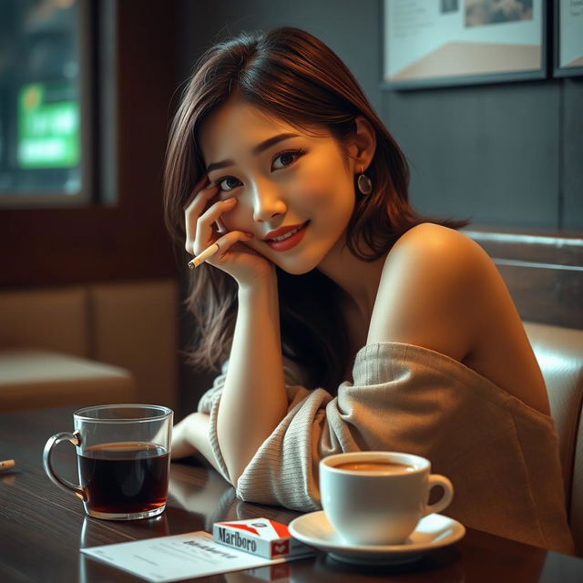 A beautiful Korean woman posing gracefully and attractively, facing the camera with a gentle smile while holding a cigarette