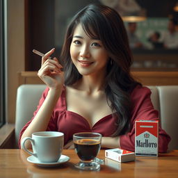 A beautiful Korean woman posing gracefully and attractively, facing the camera with a gentle smile while holding a cigarette