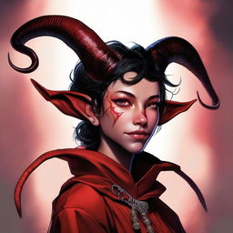 A high-quality digital art piece featuring a teenage, non-binary, female-presenting tiefling