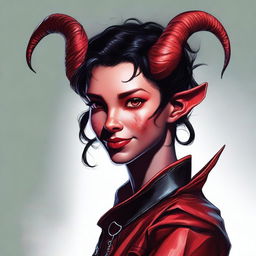 A high-quality digital art piece featuring a teenage, non-binary, female-presenting tiefling