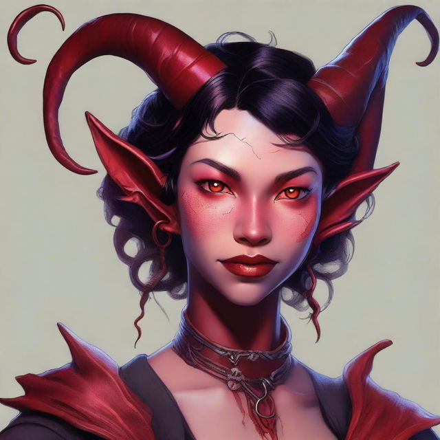 A high-quality digital art piece featuring a teenage, non-binary, female-presenting tiefling