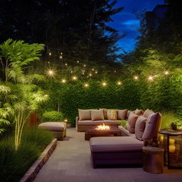 A well-designed outdoor space complete with lush greenery, elegant outdoor furniture, cozy fire pit area and ambient lighting