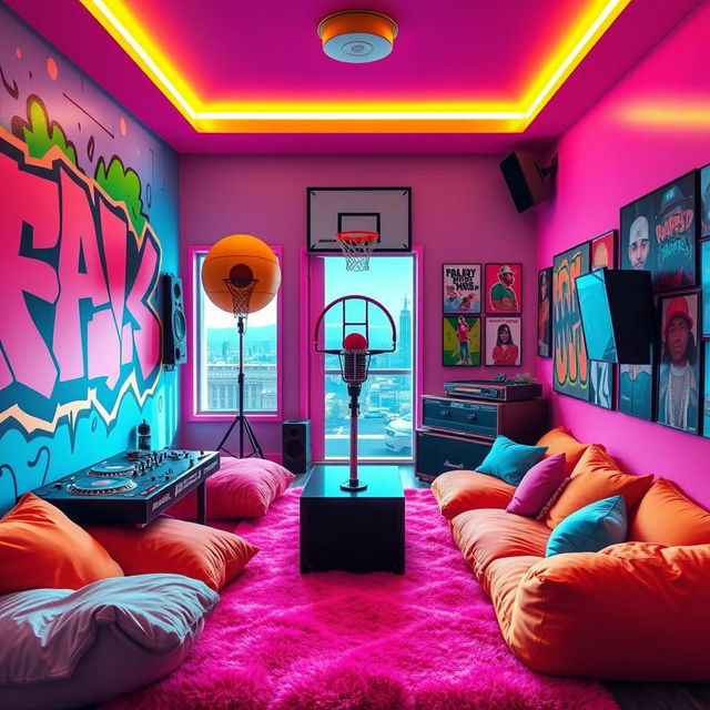 A vibrant and colorful rap artist's room inspired by the IncredyBox animation style, complete with bold and playful cartoonish designs