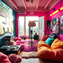 A vibrant and colorful rap artist's room inspired by the IncredyBox animation style, complete with bold and playful cartoonish designs