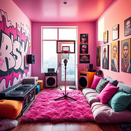 A vibrant and colorful rap artist's room inspired by the IncredyBox animation style, complete with bold and playful cartoonish designs