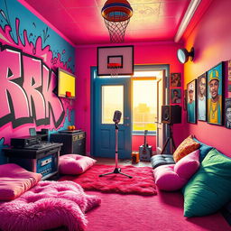 A vibrant and colorful rap artist's room inspired by the IncredyBox animation style, complete with bold and playful cartoonish designs