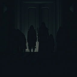 A mysterious black shadow family standing ominously in front of a weathered door, with spectral figures barely defined