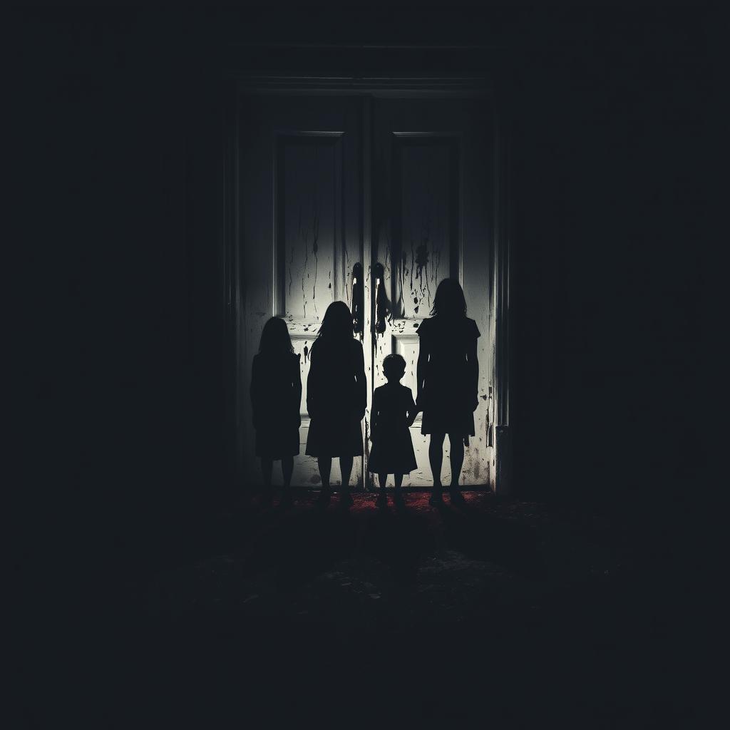A mysterious black shadow family standing ominously in front of a weathered door, with spectral figures barely defined