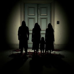A mysterious black shadow family standing ominously in front of a weathered door, with spectral figures barely defined