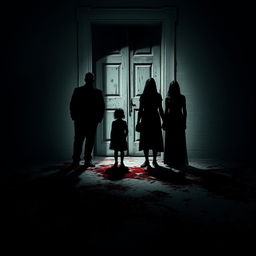 A mysterious black shadow family standing ominously in front of a weathered door, with spectral figures barely defined