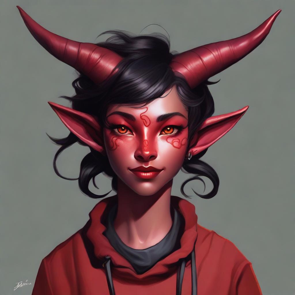 This is a high-quality digital artwork that portrays a teenage, non-binary, female-presenting Tiefling