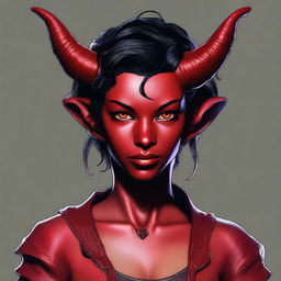 This is a high-quality digital artwork that portrays a teenage, non-binary, female-presenting Tiefling