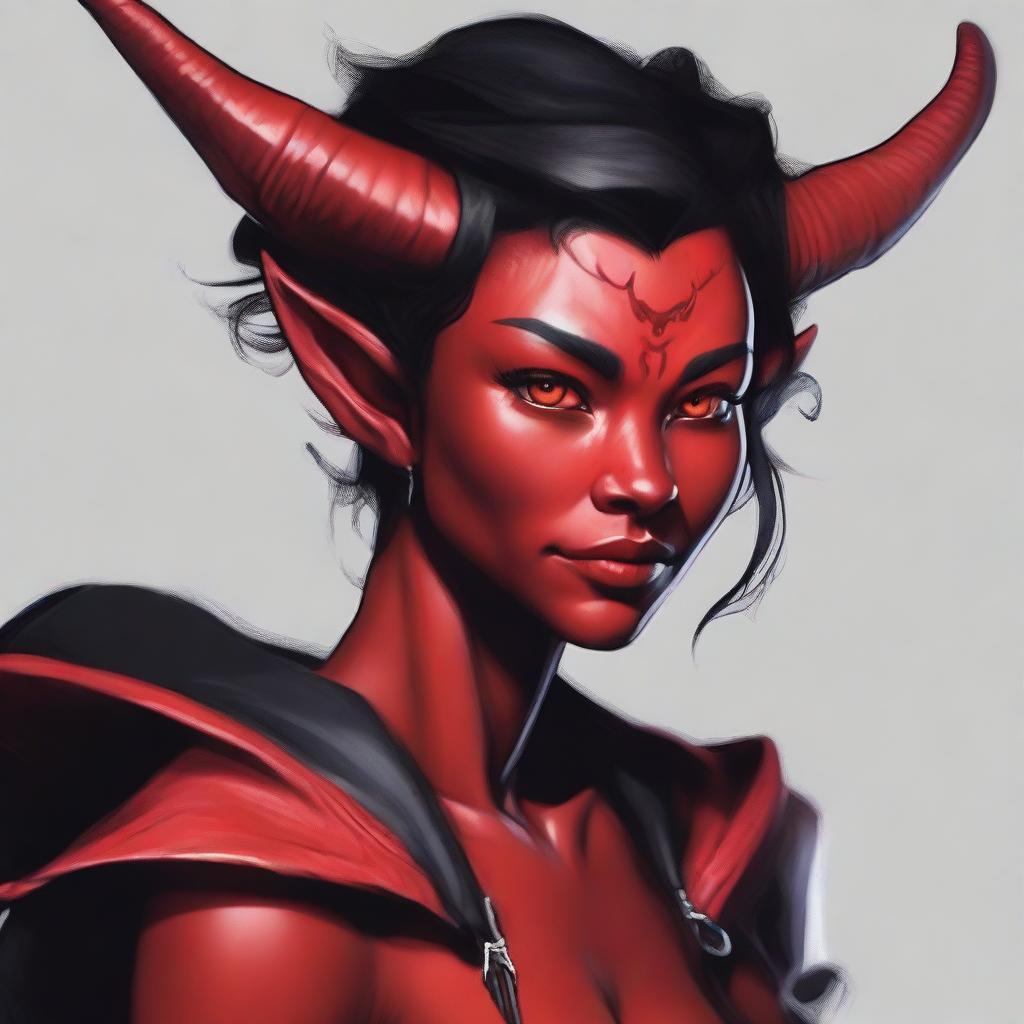 This is a high-quality digital artwork that portrays a teenage, non-binary, female-presenting Tiefling