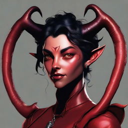 This is a high-quality digital artwork that portrays a teenage, non-binary, female-presenting Tiefling