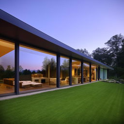 A stunning and modern house with large glass windows, a spacious lawn, and a minimalist interior design