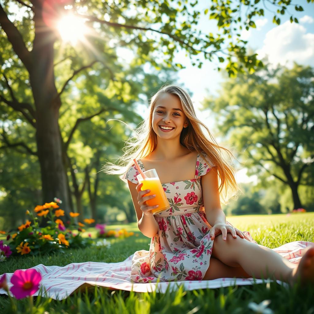 A captivating image of a teenage girl enjoying a sunny day at the park, surrounded by lush green trees and vibrant flowers