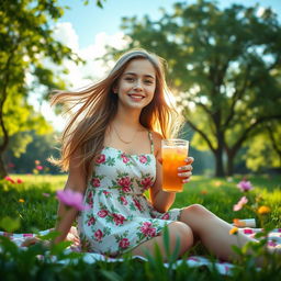 A captivating image of a teenage girl enjoying a sunny day at the park, surrounded by lush green trees and vibrant flowers
