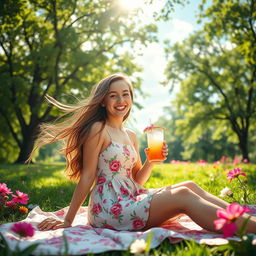A captivating image of a teenage girl enjoying a sunny day at the park, surrounded by lush green trees and vibrant flowers