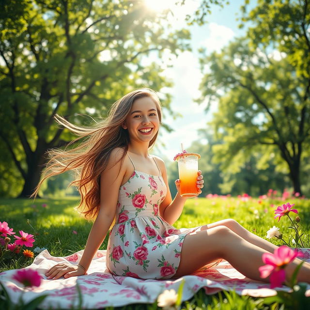A captivating image of a teenage girl enjoying a sunny day at the park, surrounded by lush green trees and vibrant flowers