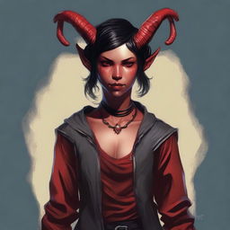 A high-quality digital artwork of a full-body portrait of a teenage, non-binary, female-presenting Tiefling