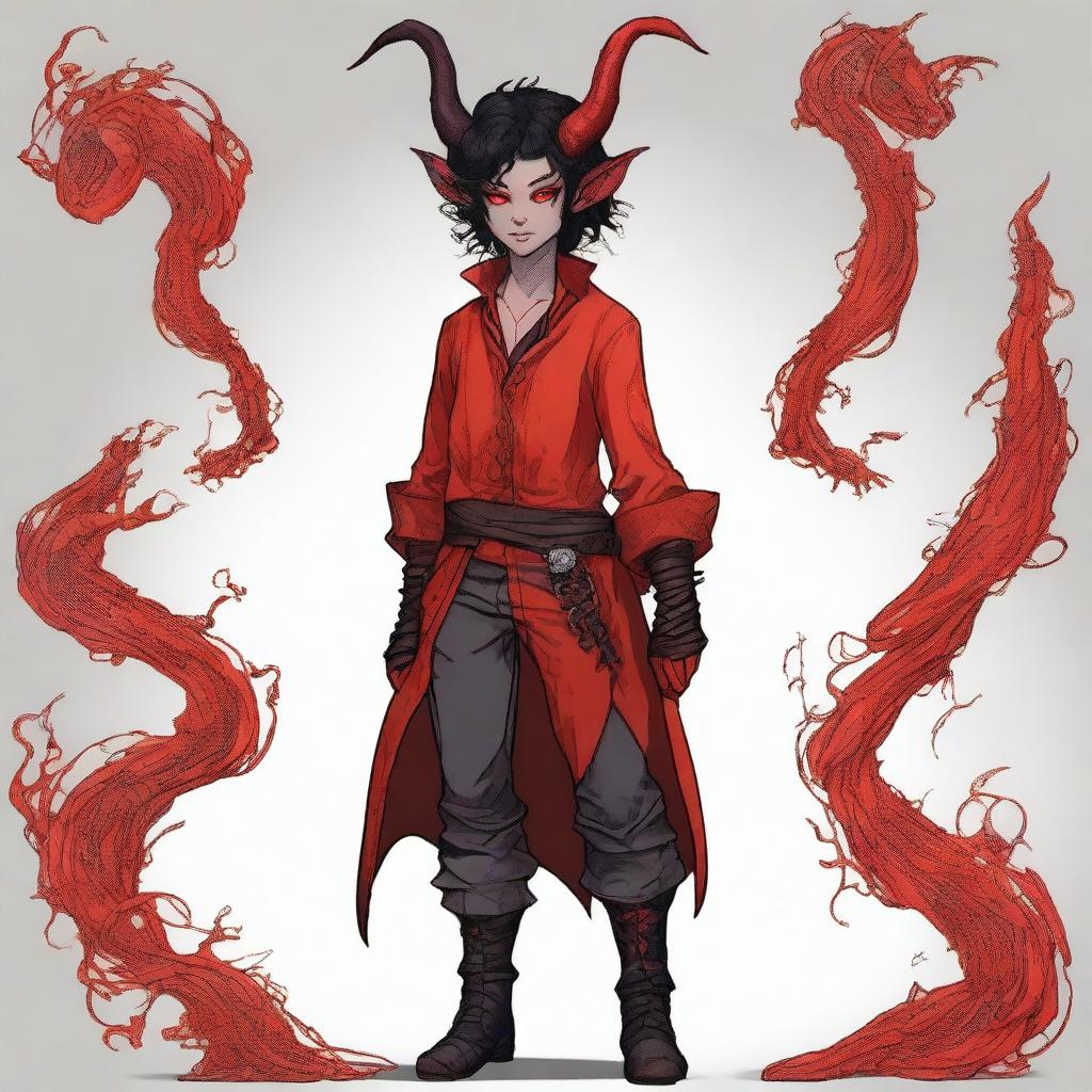 This is a vibrant, high-quality digital art piece showcasing a full-body image of a teenage, non-binary Tiefling