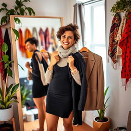A fashion-forward individual standing in front of a mirror, trying on a variety of trendy outfits, showcasing a mix of casual and formal styles