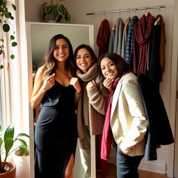 A fashion-forward individual standing in front of a mirror, trying on a variety of trendy outfits, showcasing a mix of casual and formal styles
