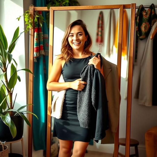 A fashion-forward individual standing in front of a mirror, trying on a variety of trendy outfits, showcasing a mix of casual and formal styles