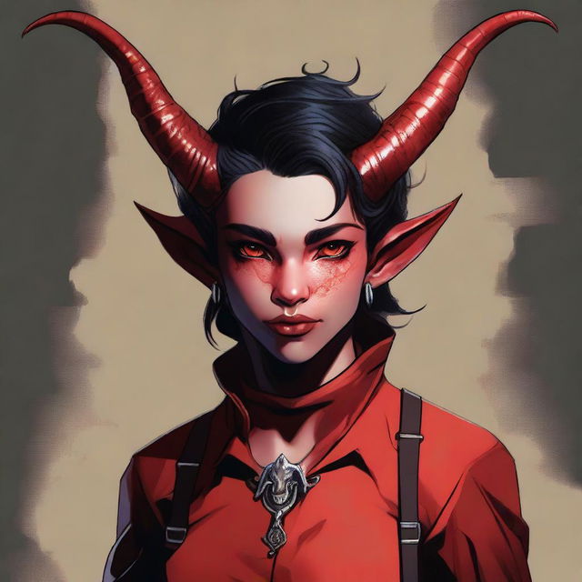 A striking, high-quality digital art piece featuring a full-body image of a teenage, non-binary Tiefling