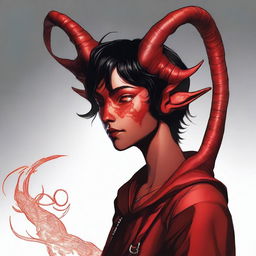 A striking, high-quality digital art piece featuring a full-body image of a teenage, non-binary Tiefling