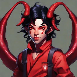 A striking, high-quality digital art piece featuring a full-body image of a teenage, non-binary Tiefling