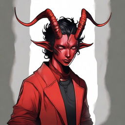 A striking, high-quality digital art piece featuring a full-body image of a teenage, non-binary Tiefling