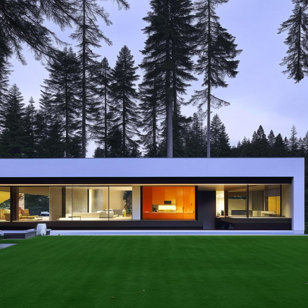 A stunning and modern house with large glass windows, a spacious lawn, and a minimalist interior design